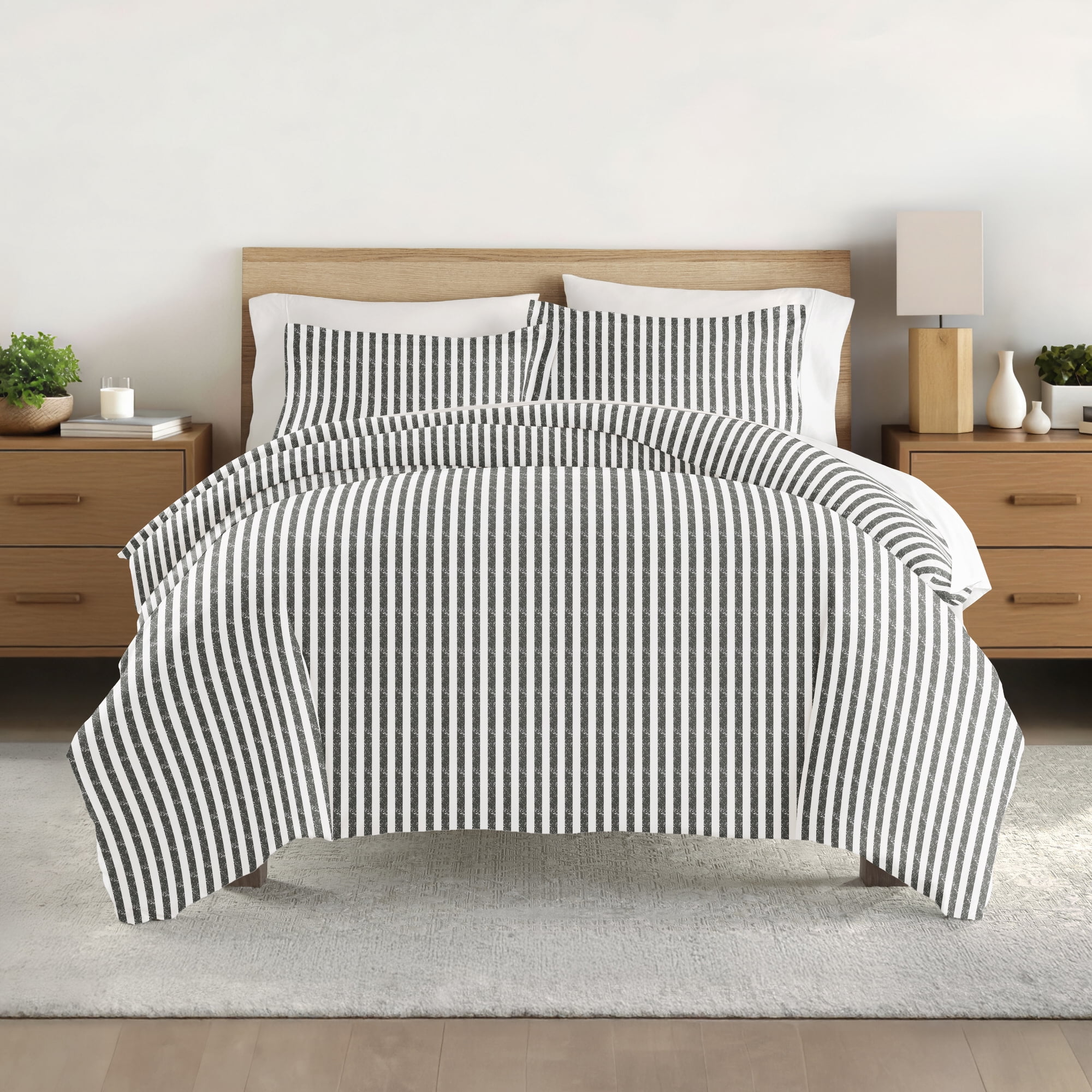 Noble Linens Gray Puffed Rugged Stripes Duvet Set 3-Piece Duvet Cover Set, Full/Queen