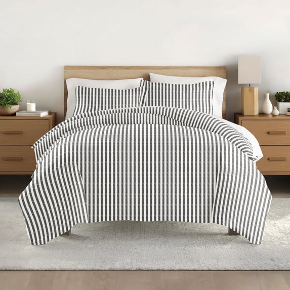 Noble Linens Gray Puffed Rugged Stripes Duvet Set 3-Piece Duvet Cover Set, Full/Queen
