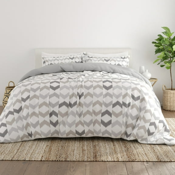 Noble Linens Gray Reversible Chevron Sleep Print 3-Piece Duvet Cover Set, Full/Queen