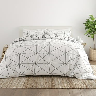 Noble Linens Gray Reversible Edgy Flowers Print 3-Piece Duvet Cover Set, Full/Queen