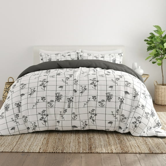 Noble Linens Gray Reversible Flower Field Print 3-Piece Duvet Cover Set, Full/Queen