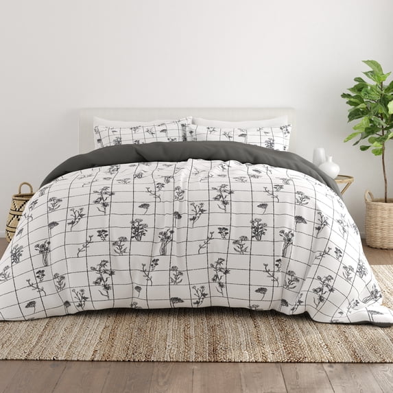 Noble Linens Gray Reversible Flower Field Print 3-Piece Duvet Cover Set, King/CalKing