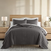 Noble Linens Gray Square Pattern Quilted Coverlet Set, Twin / Twin XL