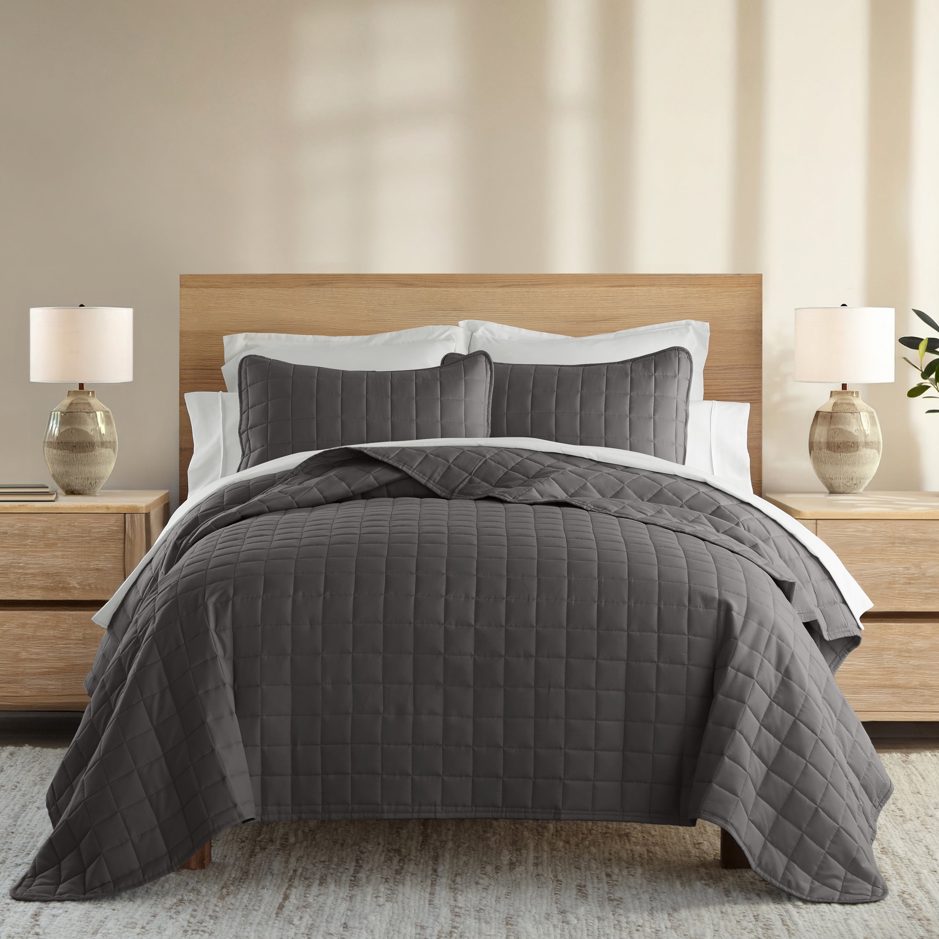 Noble Linens Gray Square Pattern Quilted Coverlet Set, Twin / Twin XL