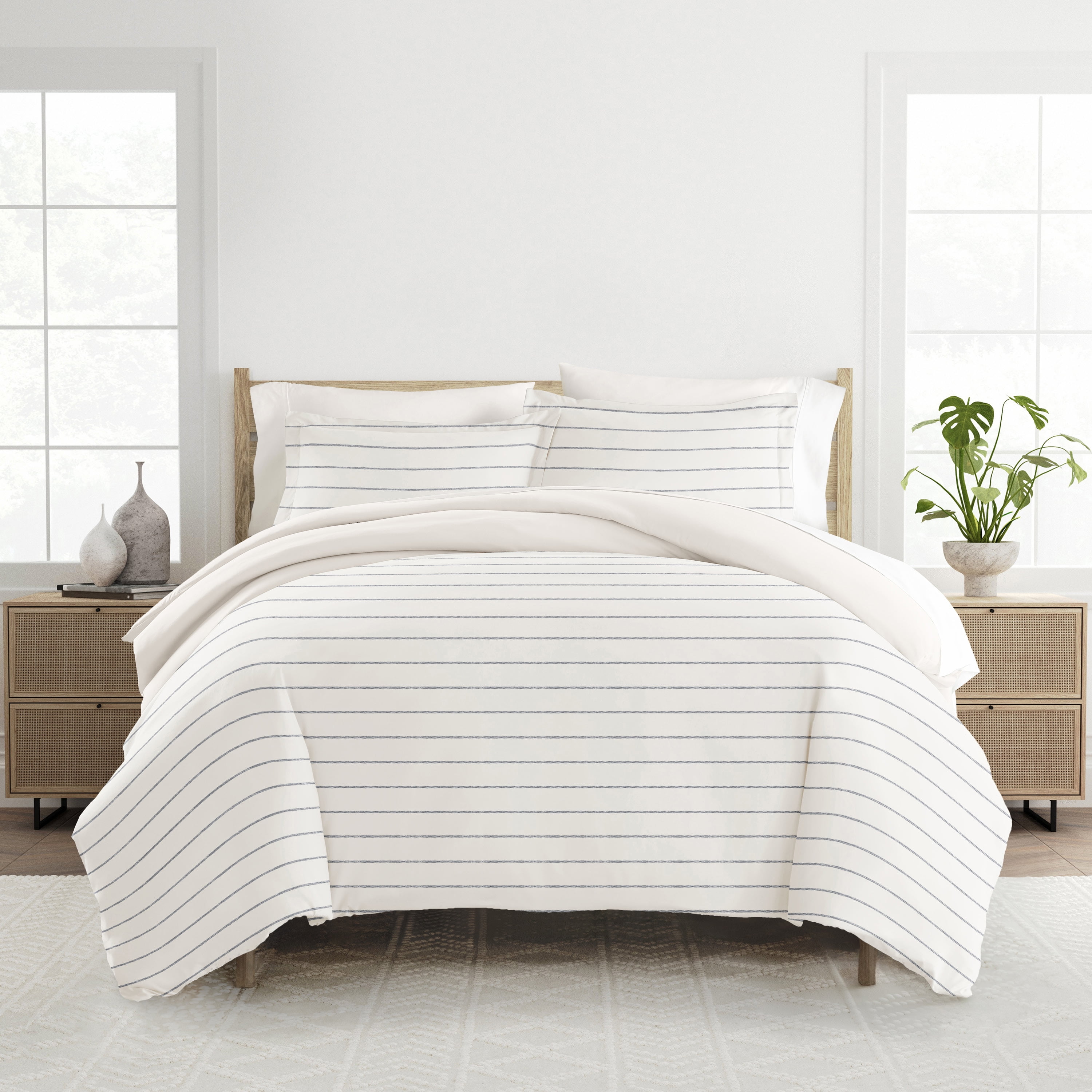 Noble Linens Harbor Stripe Ivory 3 Piece Patterned Duvet Cover Set, King