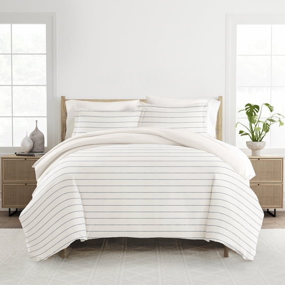 Noble Linens Harbor Stripe Ivory 3 Piece Patterned Duvet Cover Set, Queen