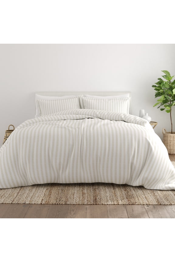 Ivory Puffed Rugged Stripes 3-Piece Duvet Cover Set, Full/Queen