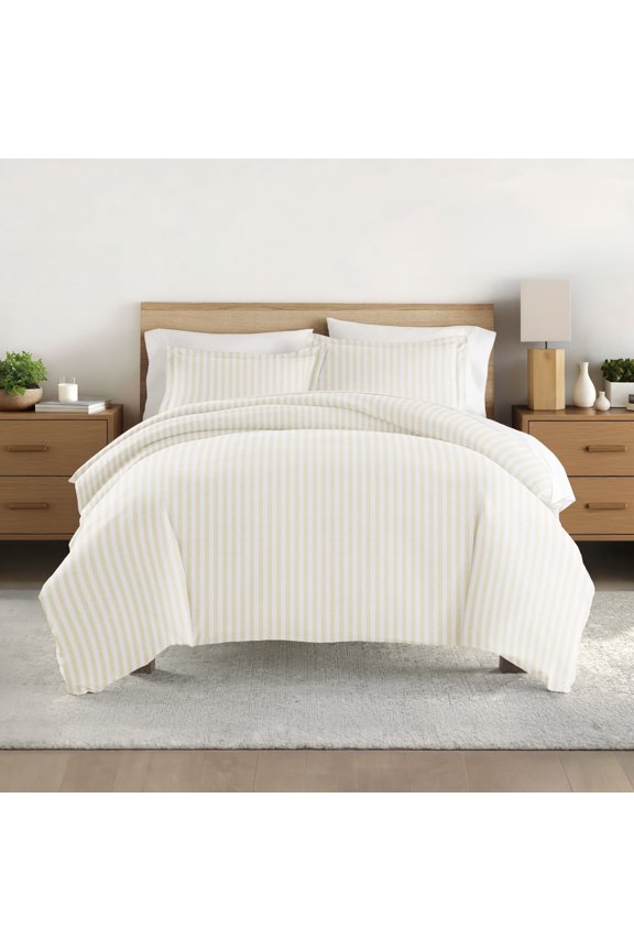 Ivory Puffed Rugged Stripes 3-Piece Duvet Cover Set, Full/Queen