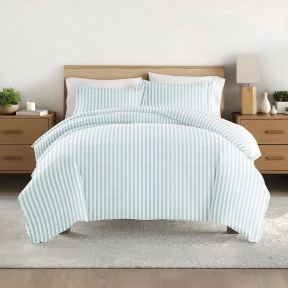 Noble Linens Light Blue Puffed Rugged Stripes 3-Piece Duvet Cover Set, Full/Queen