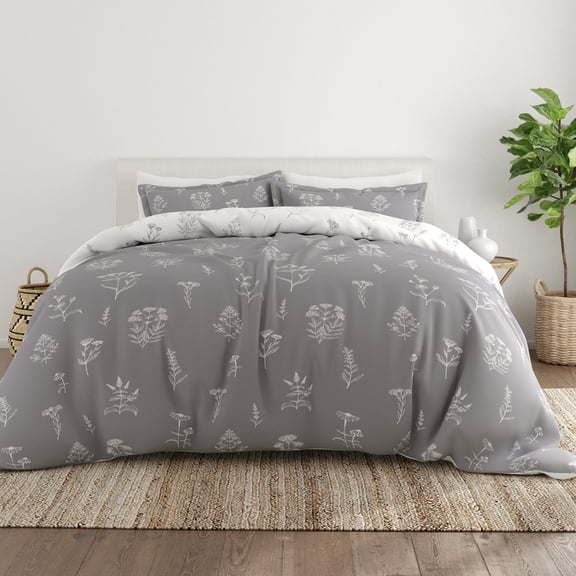Noble Linens Light Gray Botany Floral Reversible 3-Piece Duvet Cover Set, Full/Queen