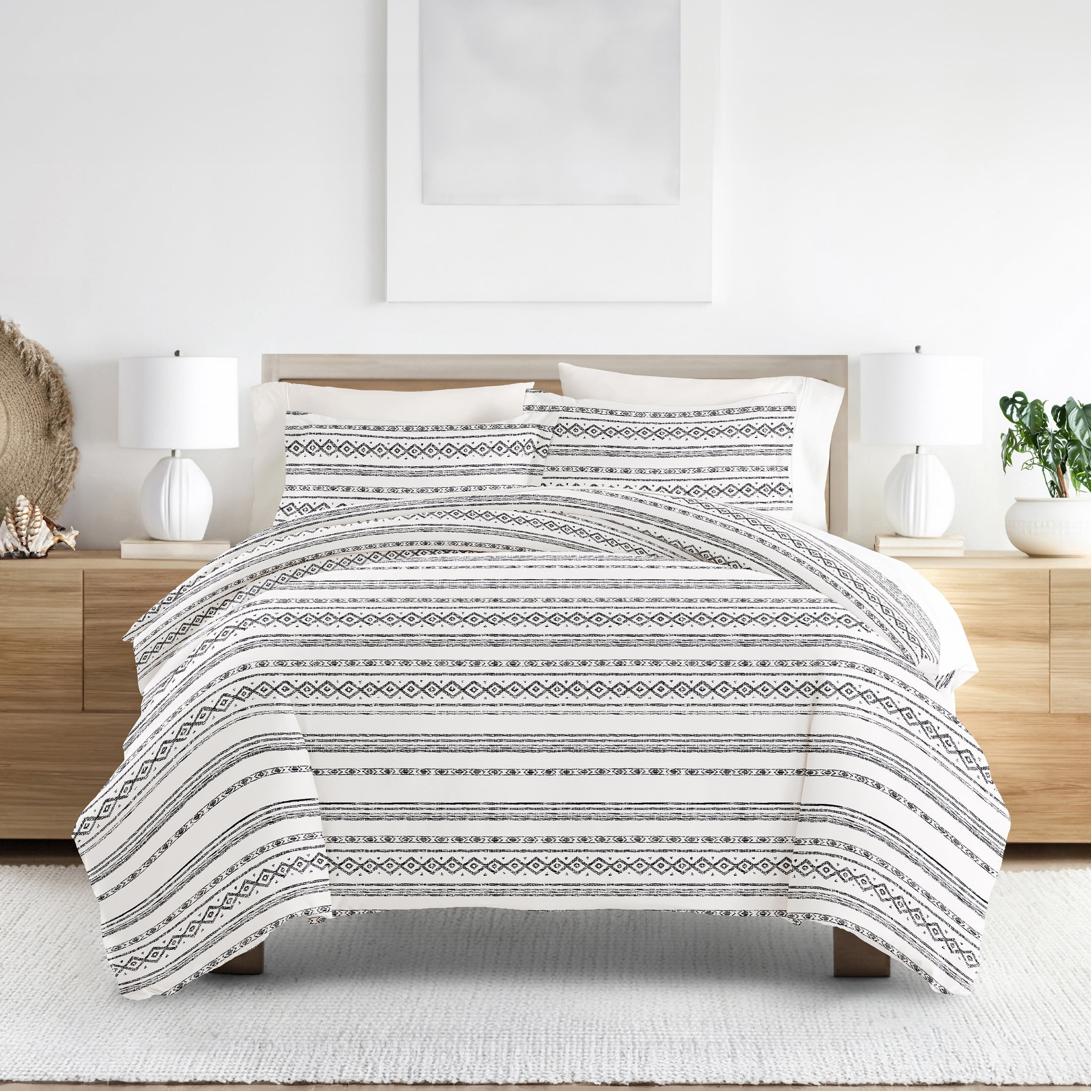 Noble Linens Light Gray Geo Threads Pattern 3-Piece Duvet Cover Set, King/Calking