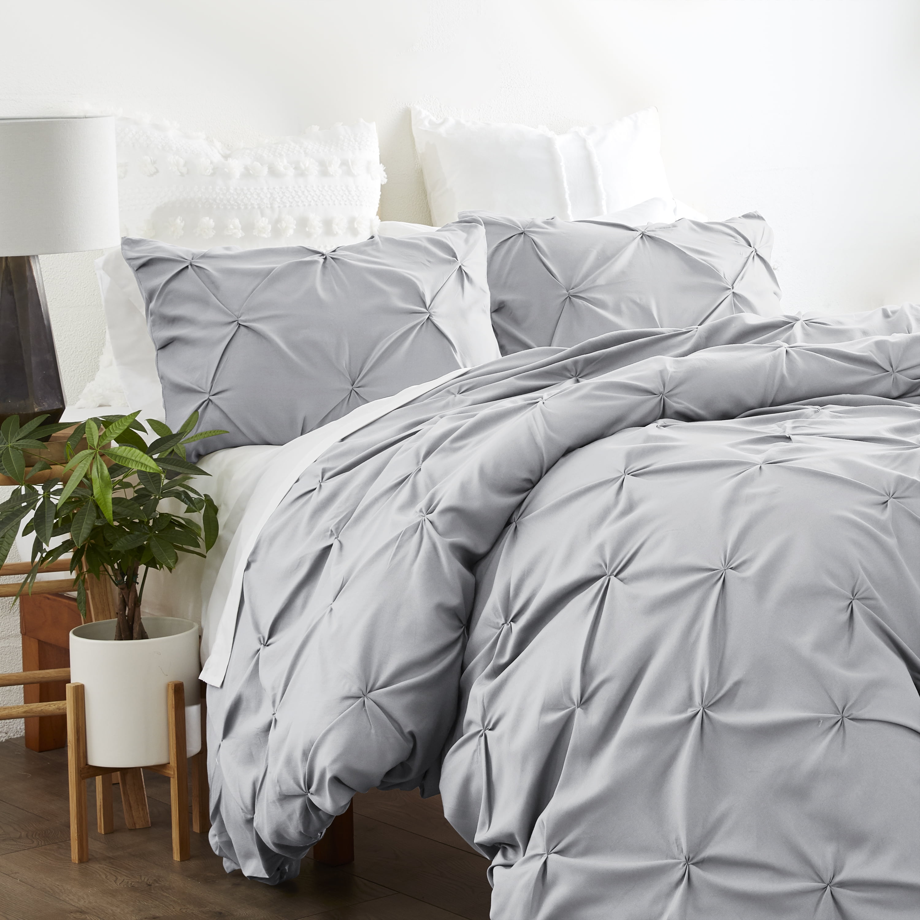 Light Gray Microfiber Pintuck Twin Duvet Cover Set
