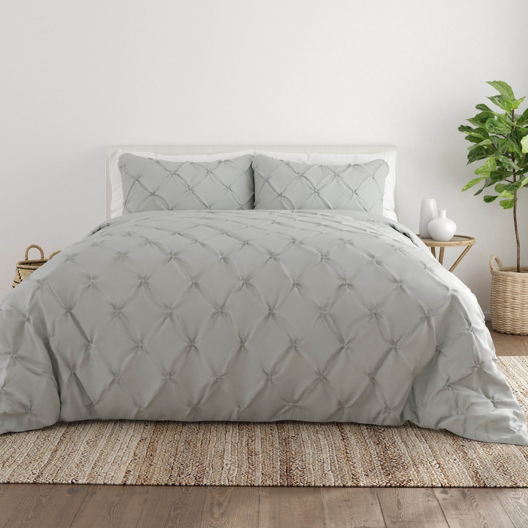 Light Gray Microfiber Pintuck Twin Duvet Cover Set