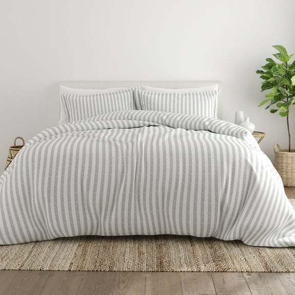 Noble Linens Light Gray Puffed Rugged Stripes 3-Piece Duvet Cover Set, Full/Queen