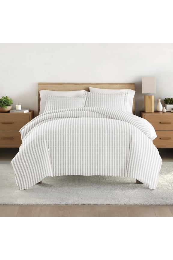 Light Gray Puffed Rugged Stripes 3-Piece Duvet Cover Set, Full/Queen