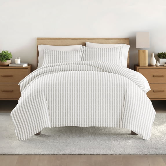 Noble Linens Light Gray Puffed Rugged Stripes Duvet Set 3-Piece Duvet Cover Set, King/Cal King