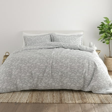 Noble Linens Light Gray Rose Pattern 3-Piece Duvet Cover Set, King/Calking