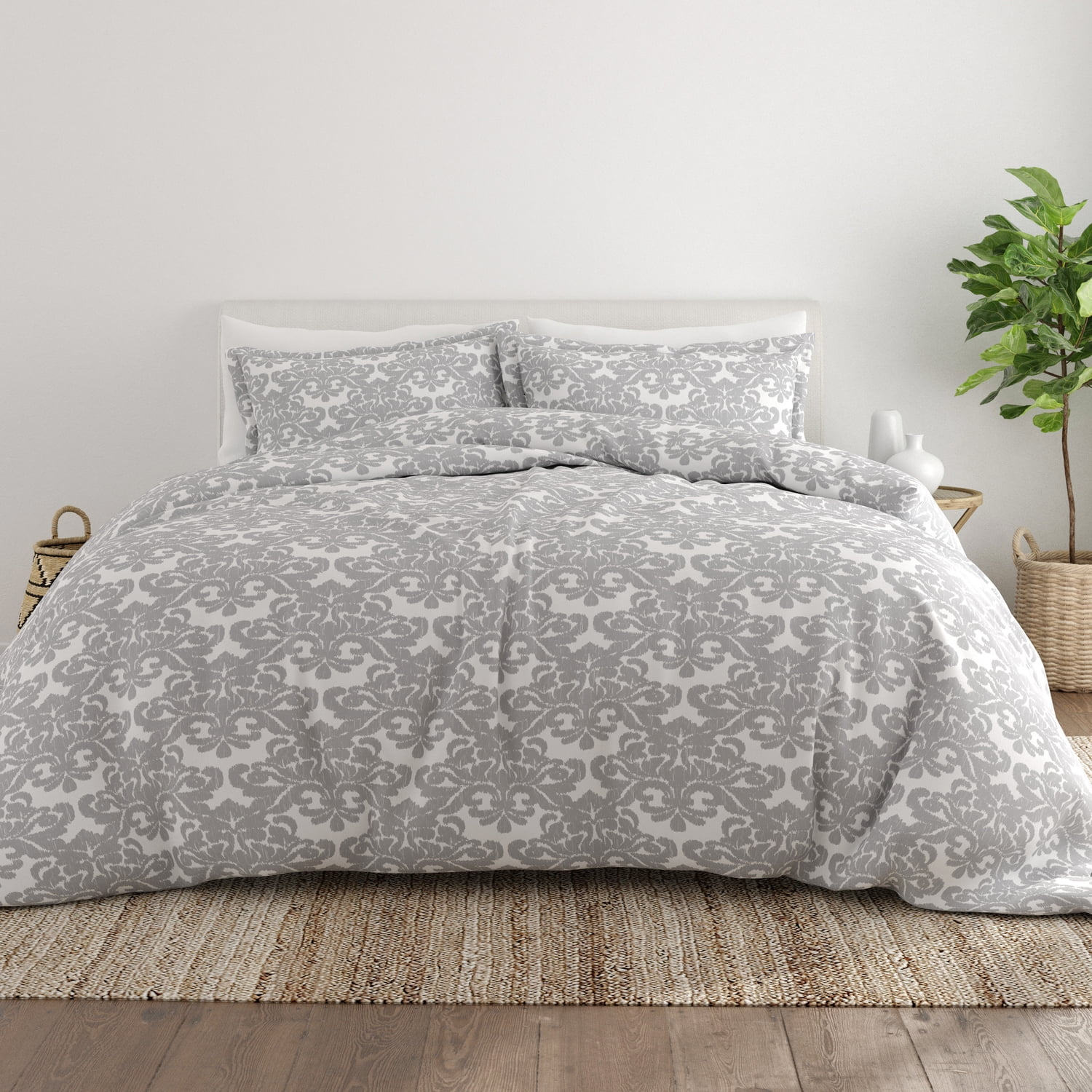 Gray Damask Pattern Microfiber Twin/Twin XL Duvet Cover Set