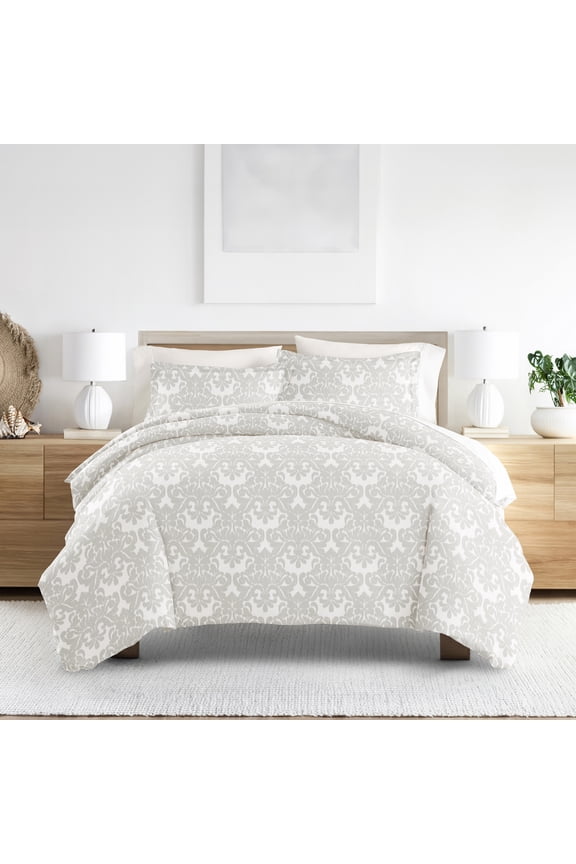 Light Gray Soft Damask Pattern 3-Piece Duvet Cover Set, Full/Queen