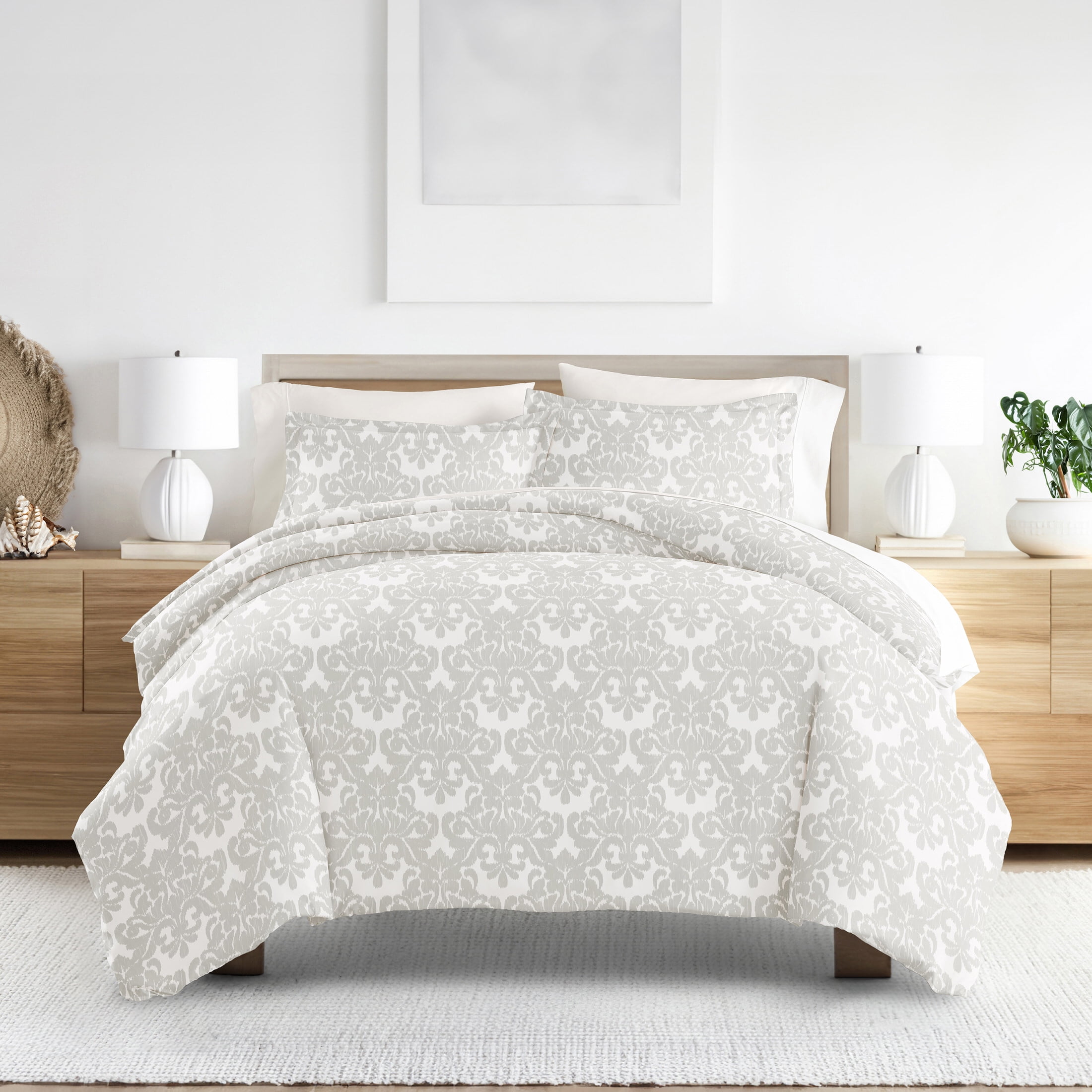 Noble Linens Light Gray Soft Damask Pattern 3-Piece Duvet Cover Set, King/Calking