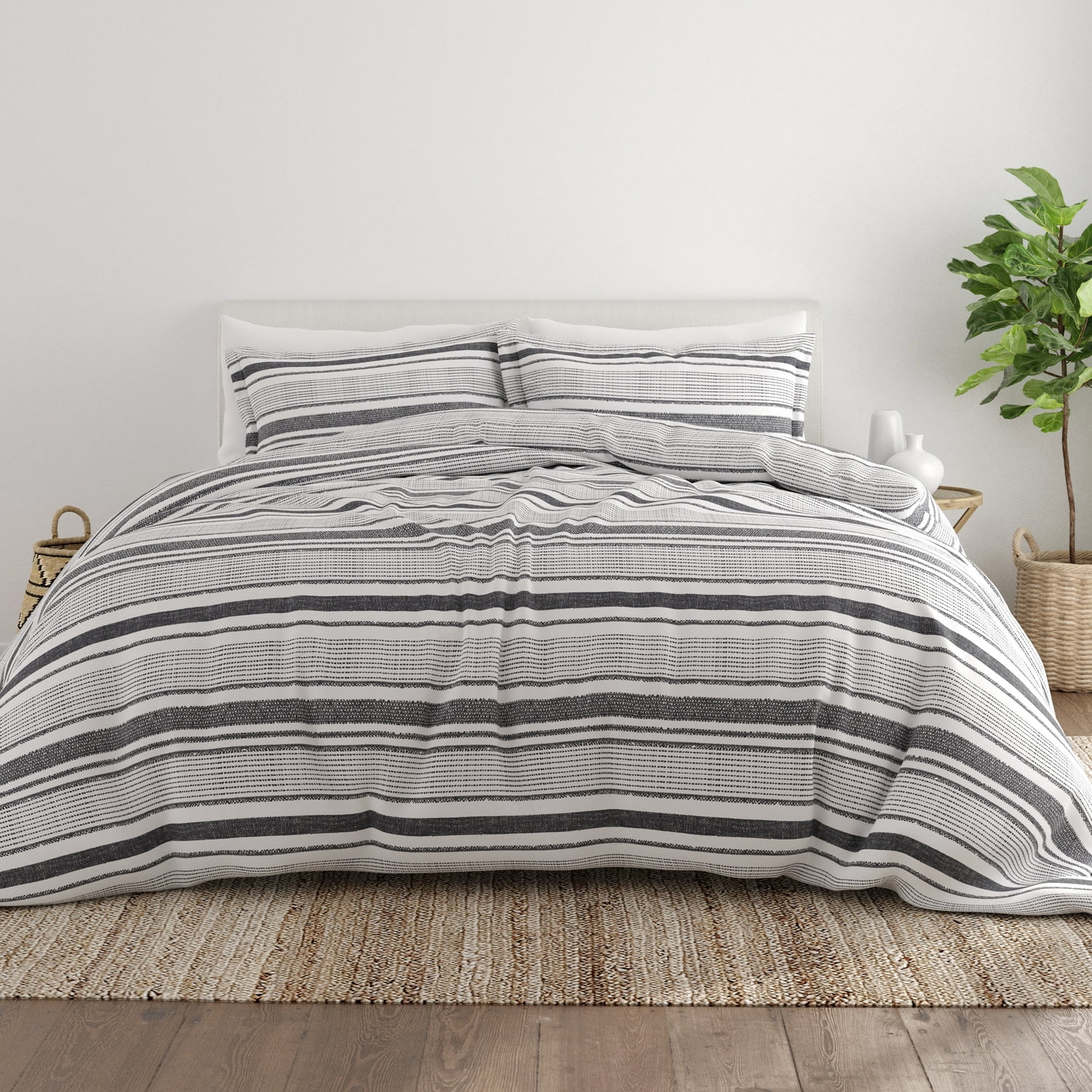 Vintage Light Gray and Black Striped Twin Duvet Cover Set