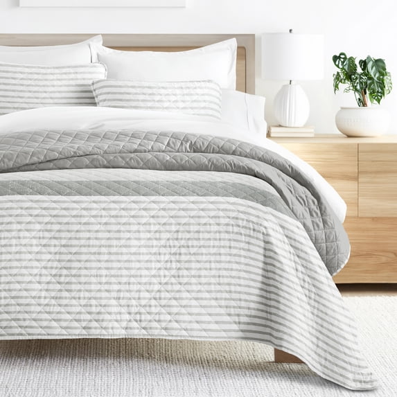 Noble Linens Light Grey 3 Piece Summer Stripes Reversible Microfiber Quilt Set, Twin / Twin XL