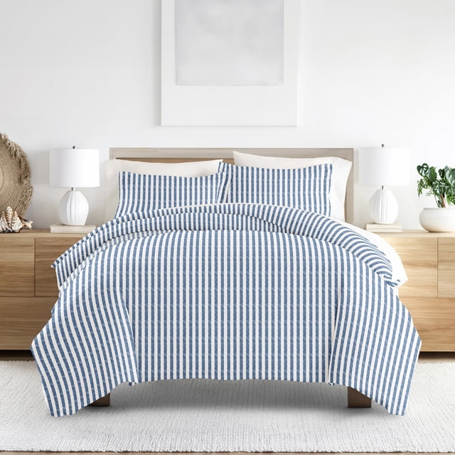 Noble Linens Navy 2 Piece Duvet Cover Set Puffed Rugged Stripes Print, Twin/TwinXL