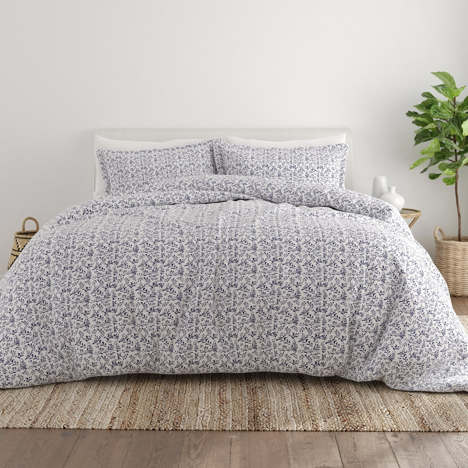 Noble Linens Navy Burst of Vines Print 2-Piece Duvet Cover Set, Twin/TwinXL
