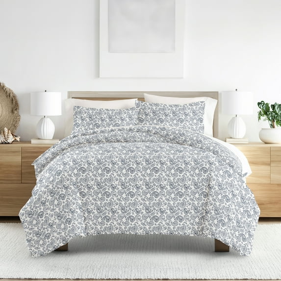 Noble Linens Navy Coarse Paisley Print 3-Piece Duvet Cover Set, King/Calking
