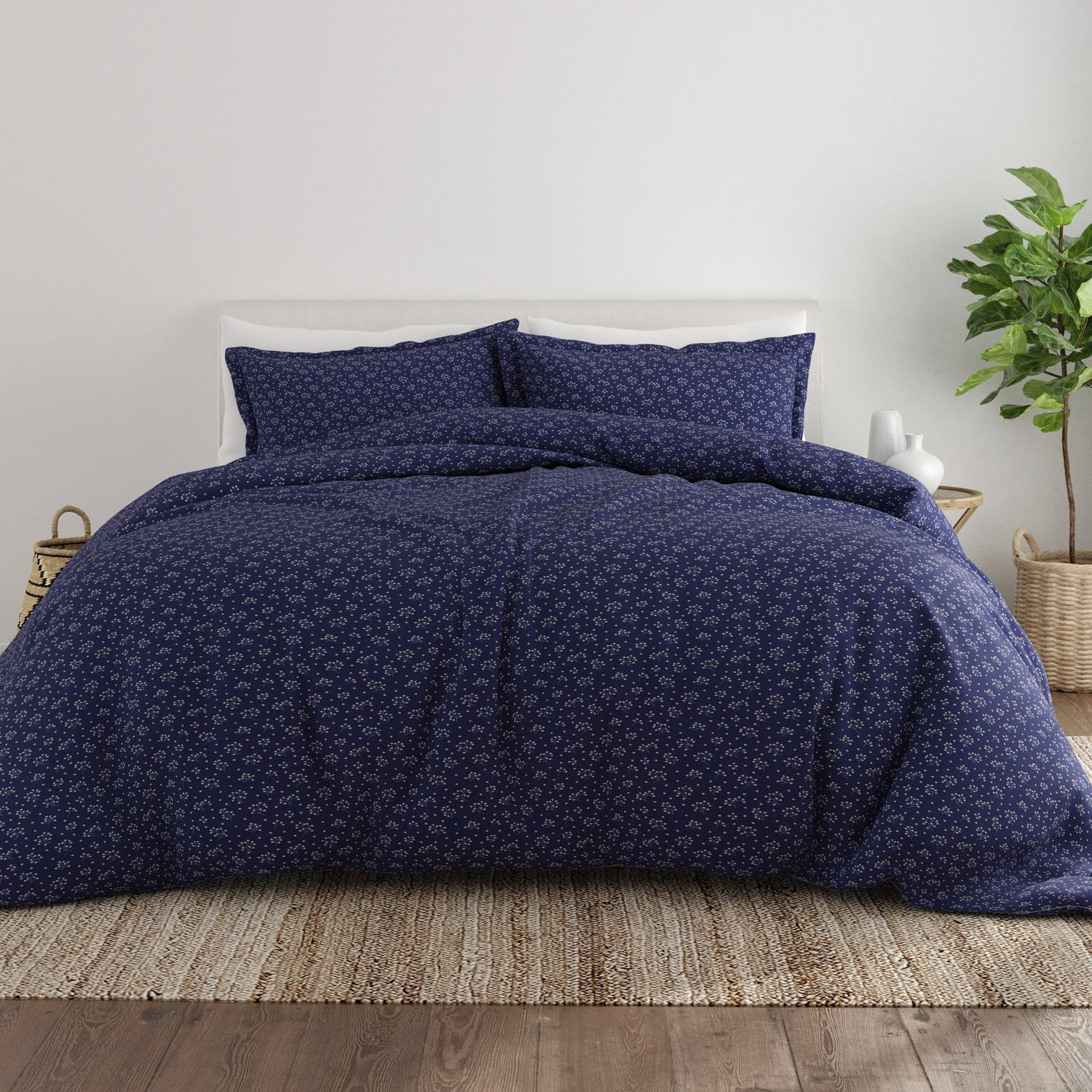 Noble Linens Navy Midnight Blossoms Pattern 2-Piece Duvet Cover Set, Twin/TwinXL