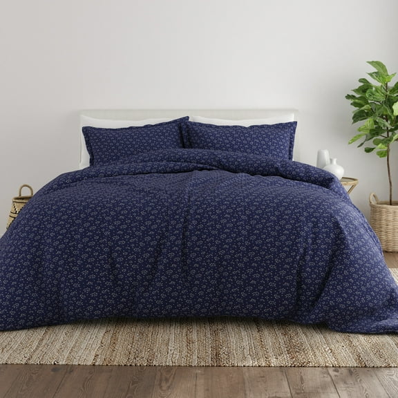 Noble Linens Navy Midnight Blossoms Pattern 3-Piece Duvet Cover Set, King/Calking