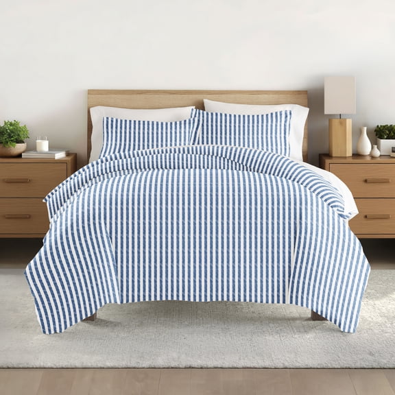 Noble Linens Navy Puffed Rugged Stripes 3-Piece Duvet Cover Set, Full/Queen