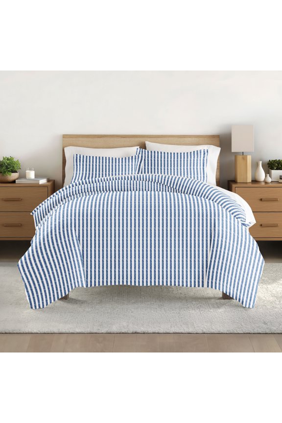 Navy Puffed Rugged Stripes 3-Piece Duvet Cover Set, Full/Queen