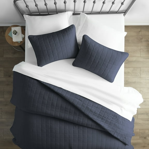Noble Linens Navy Square Pattern Quilted Coverlet Set, Full/Queen