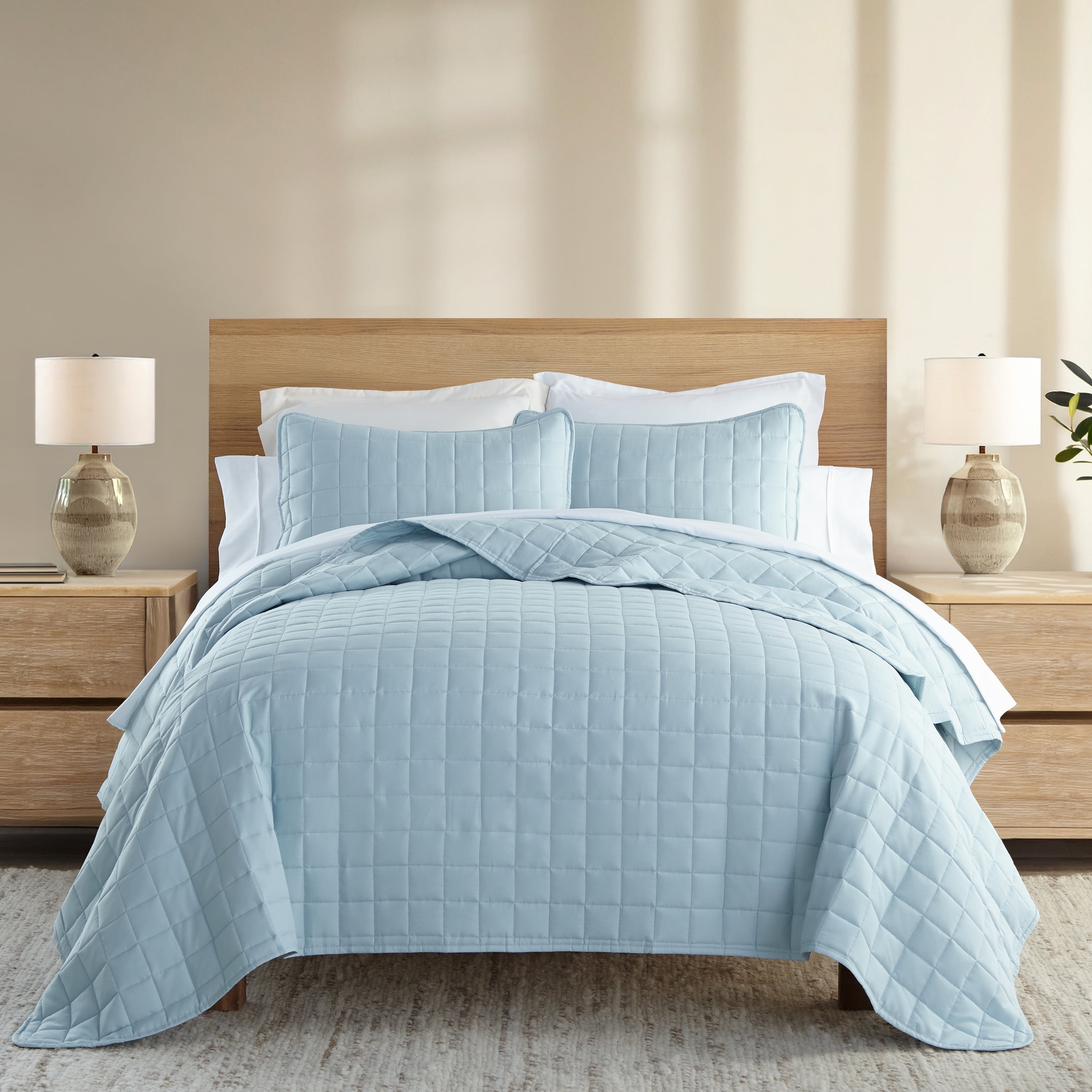 Noble Linens Pale Blue Square Pattern Quilted Coverlet Set, Full/Queen