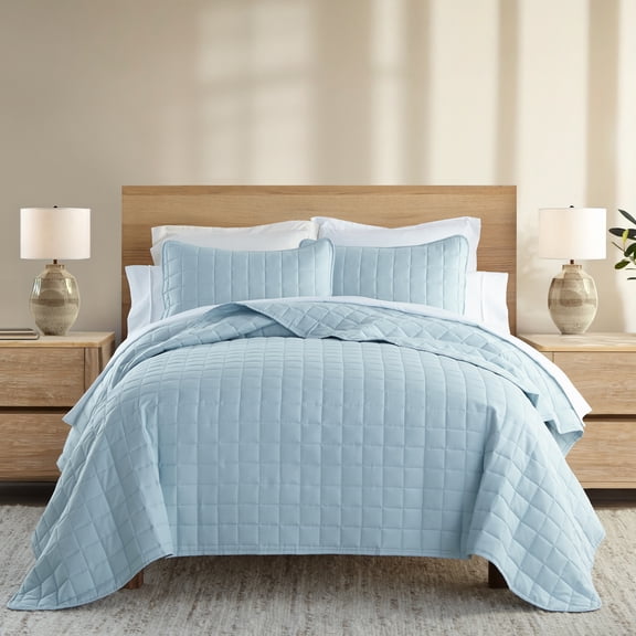 Noble Linens Pale Blue Square Pattern Quilted Coverlet Set, Twin / Twin XL