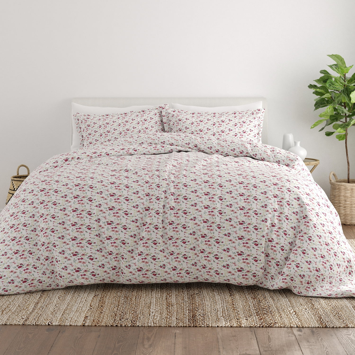 Noble Linens Pink Blossoms Print Duvet Set 3-Piece Duvet Cover Set, Full/Queen