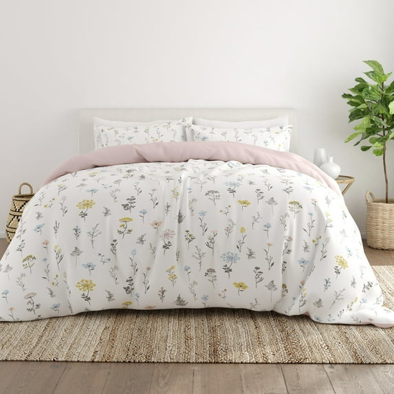 Noble Linens Pink Reversible Wild Flower Print 3-Piece Duvet Cover Set, Full/Queen