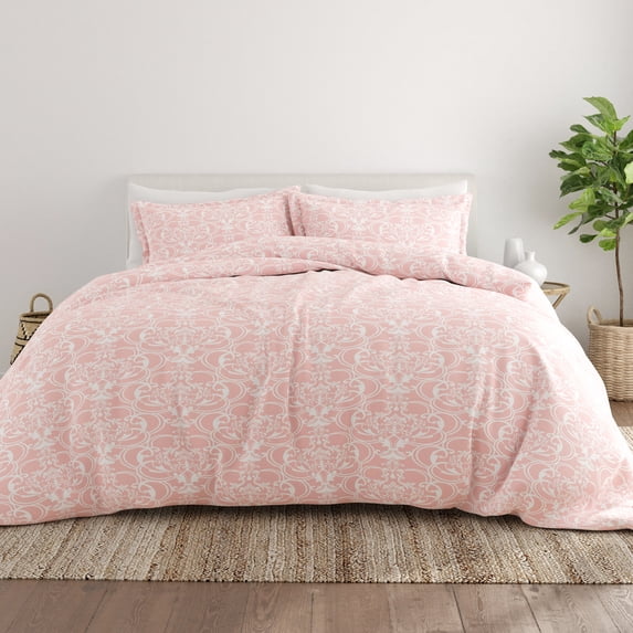 Noble Linens Pink Romantic Damask Pattern 3-Piece Duvet Cover Set, King/Calking
