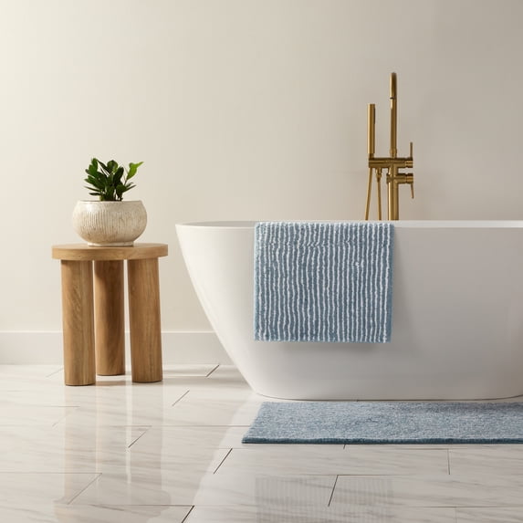 Noble Linens Pinstripe Cotton Bath Mat, 24 in x 17 in, Light Blue