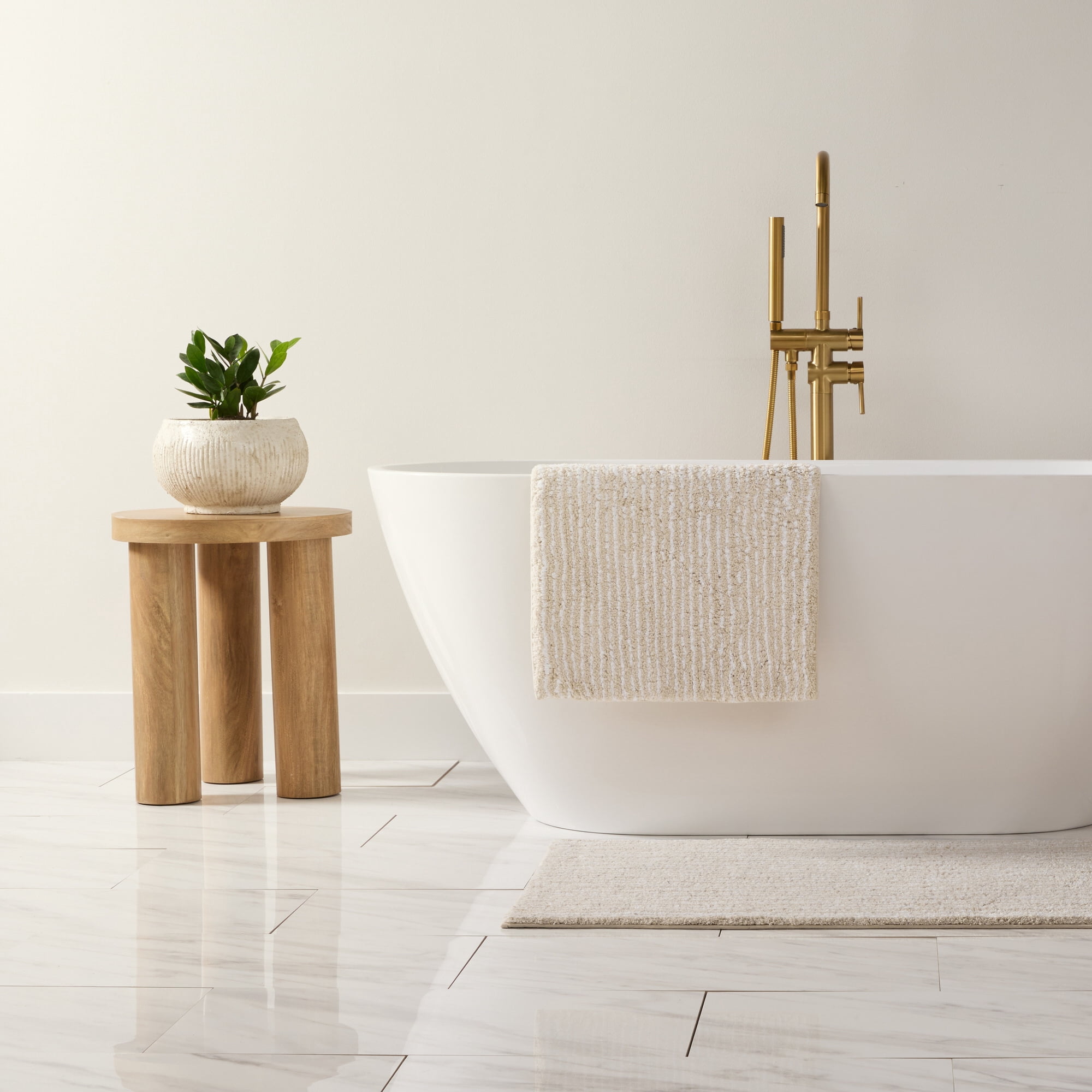 Noble Linens Pinstripe Cotton Bath Mat, 24 in x 17 in, Natural