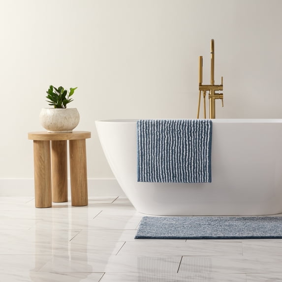 Noble Linens Pinstripe Cotton Bath Mat, 24 in x 17 in, Navy