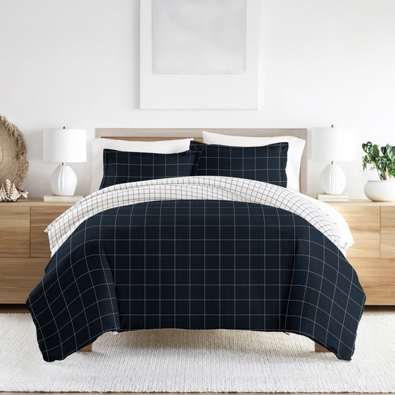 Noble Linens Rustic Windowpane Navy 3-Piece Patterned Duvet Cover Set, King
