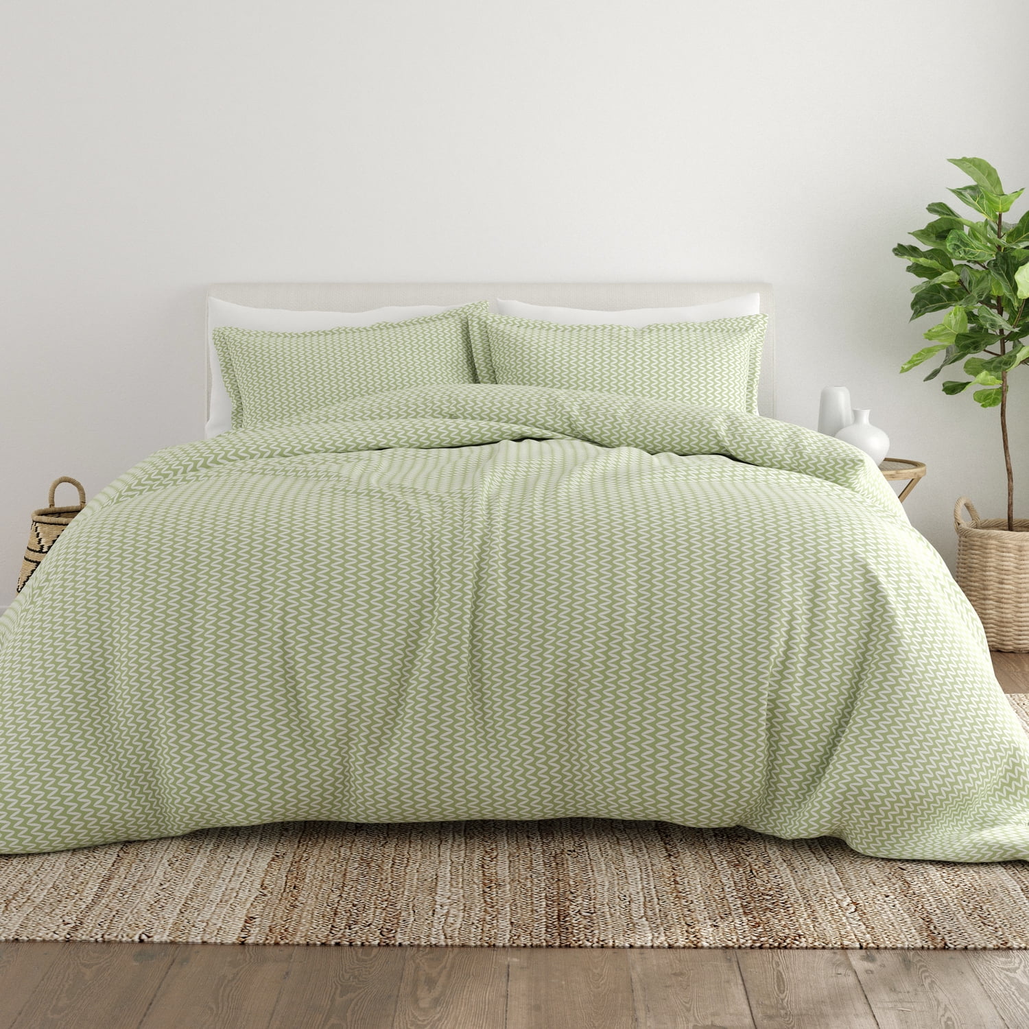 Noble Linens Sage Puffed Chevron Print Duvet Set 3-Piece Duvet Cover Set, King/Cal King