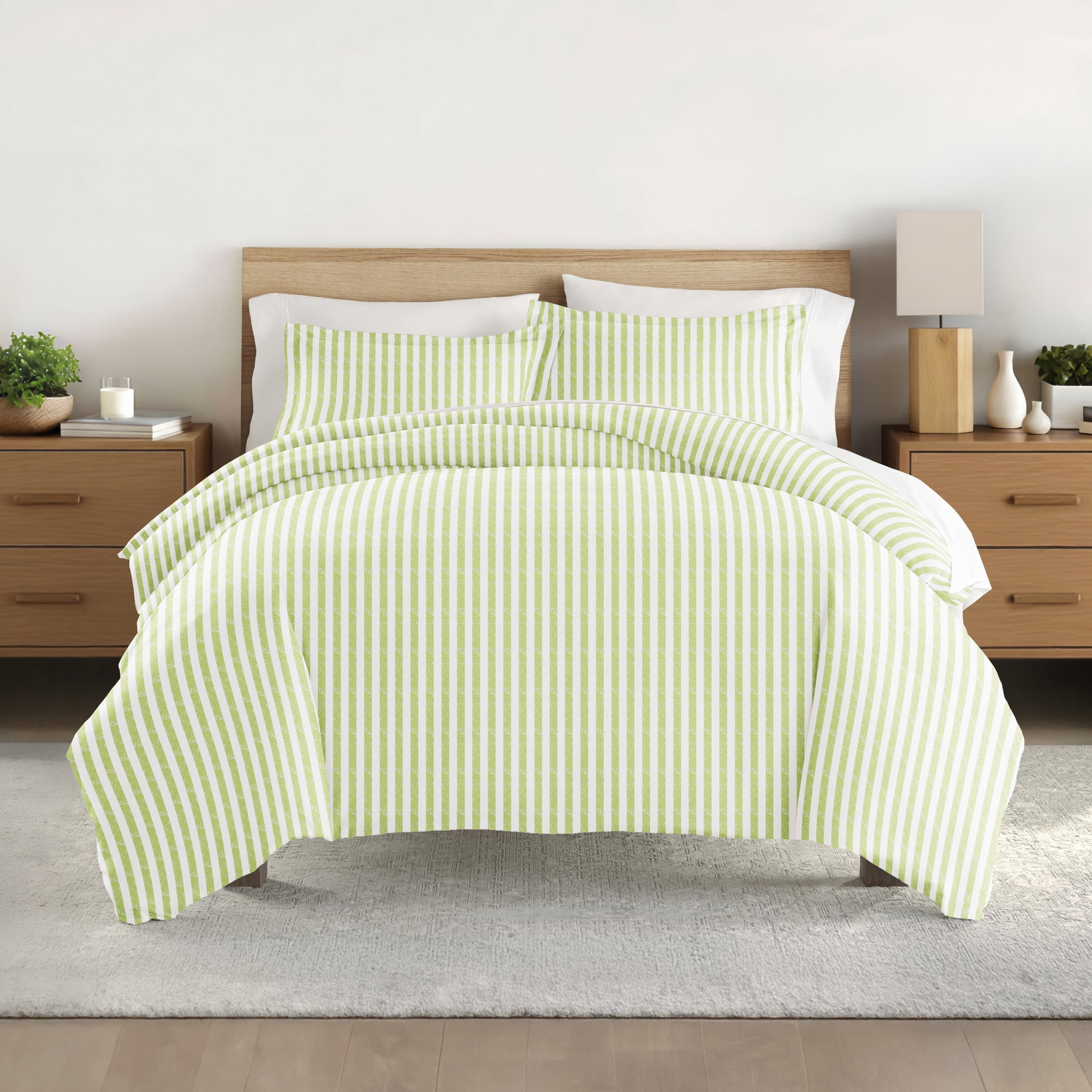 Noble Linens Sage Puffed Rugged Stripes Duvet Set 3-Piece Duvet Cover Set, Full/Queen