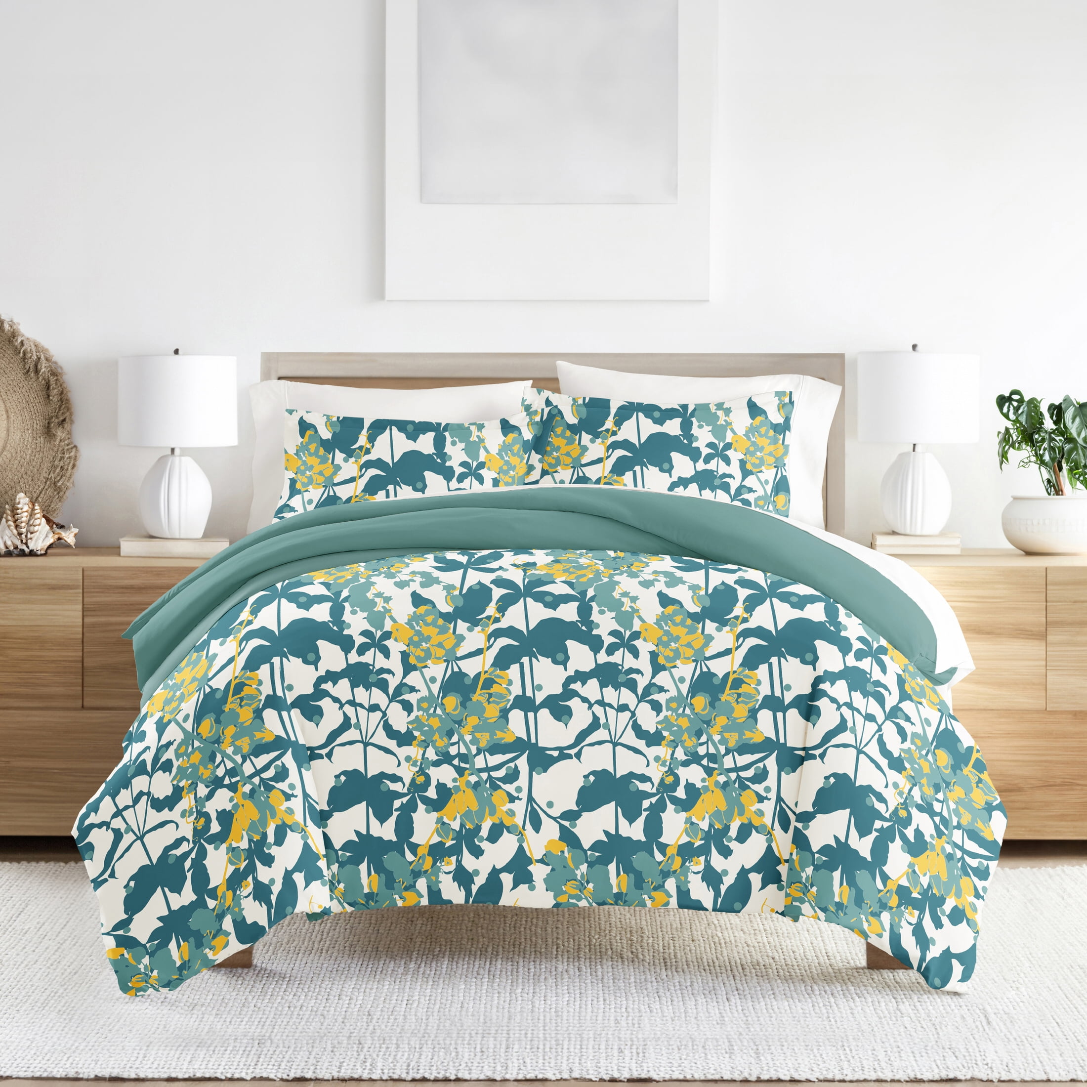Teal and White Floral Microfiber Twin Duvet Cover Set