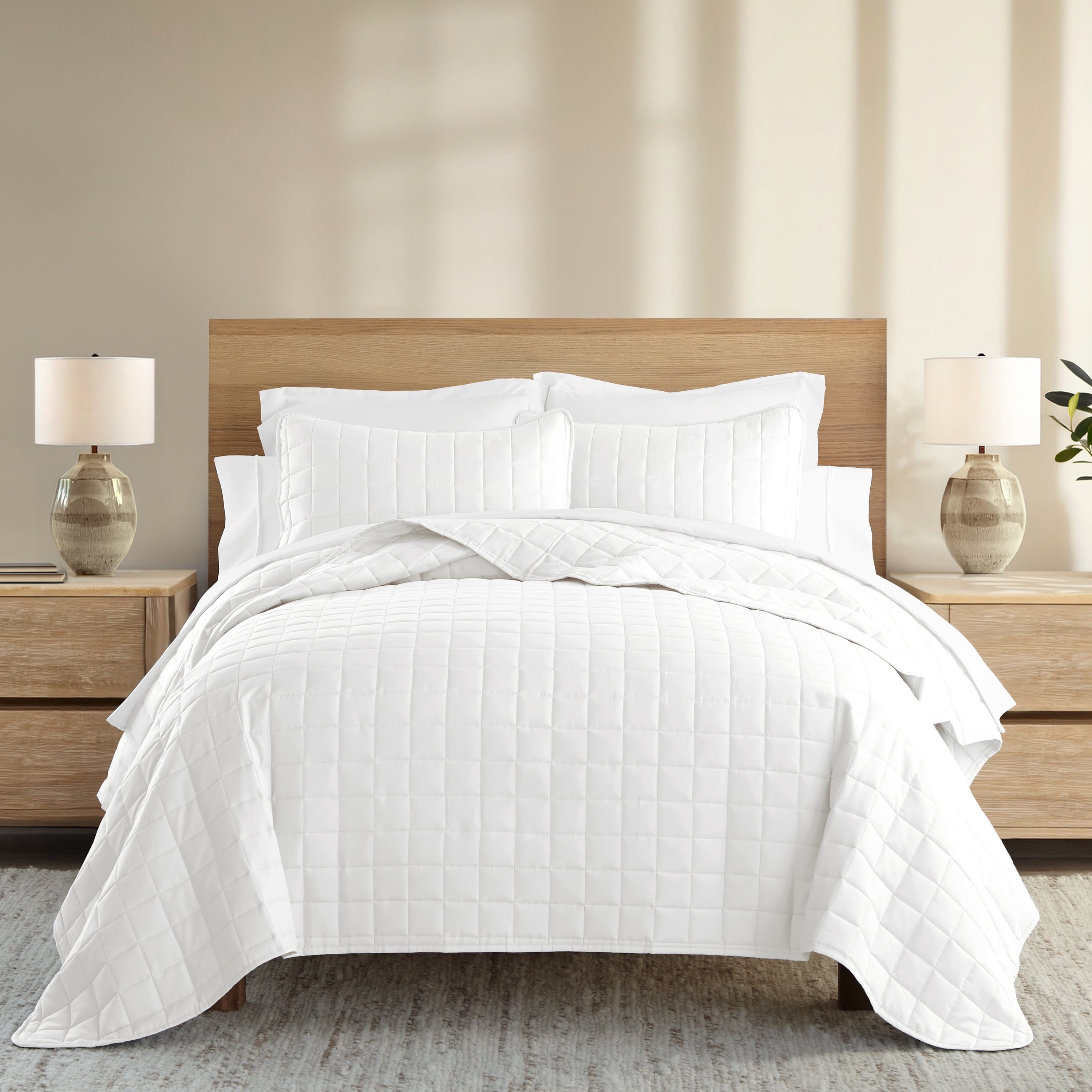 Noble Linens White Square Pattern Quilted Coverlet Set, Full/Queen