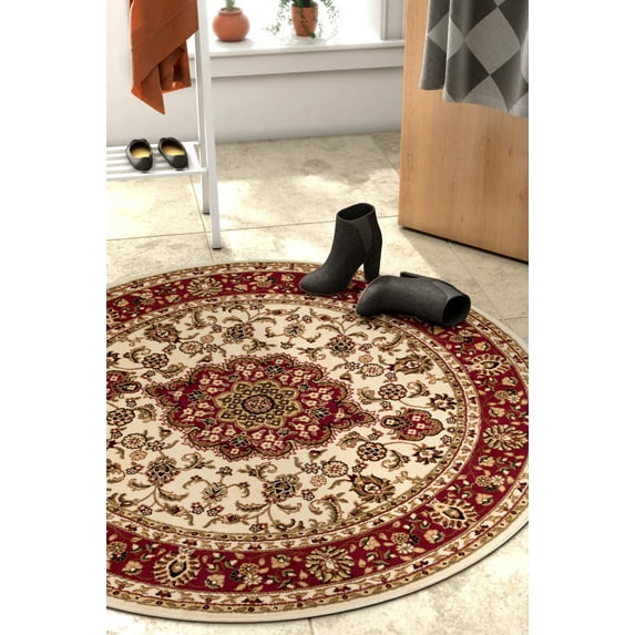 Noble Medallion Ivory Beige Oriental Formal Traditional 3'11" Round Rug