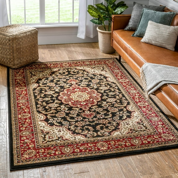 Noble Medallion Red Black Floral Oriental Traditional 7'10" x 9'10" Living Room Area Rug