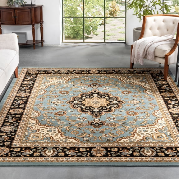 Noble Medallion Red Green Ivory Light Blue Black Persian Floral Oriental Formal Traditional Area Rug Shed Free Modern Contemporary Transitional Soft Living Dining Room Rug